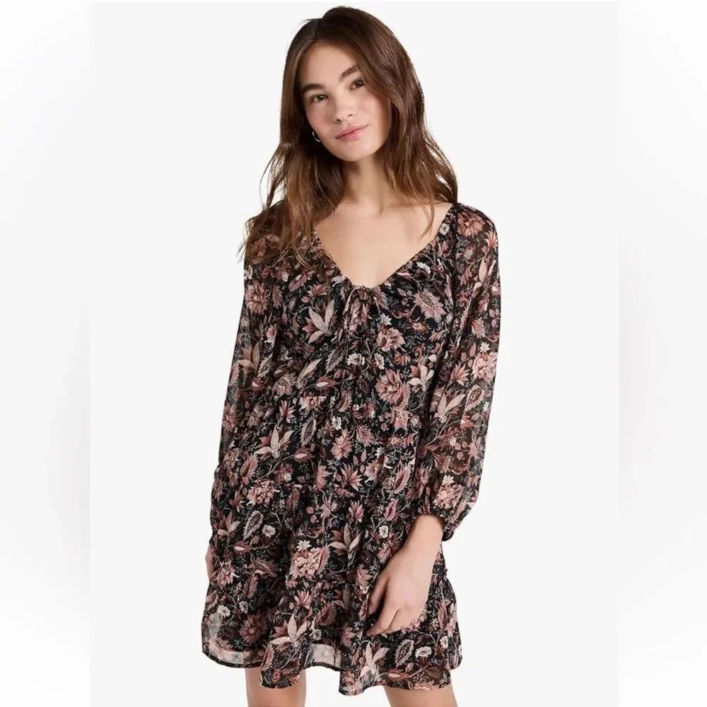 Madewell Dress Women Black Metallic Floral Mini Amalia Tiered Pampas Blooms Sz 8